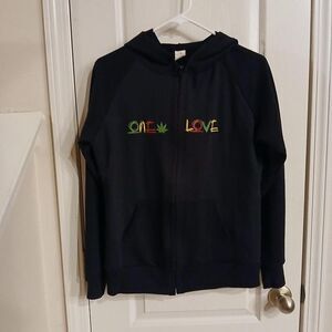 Reggae Rasta Black "One Love" & Leaf Full Zip Hoodie L Hippie Rasta Festival